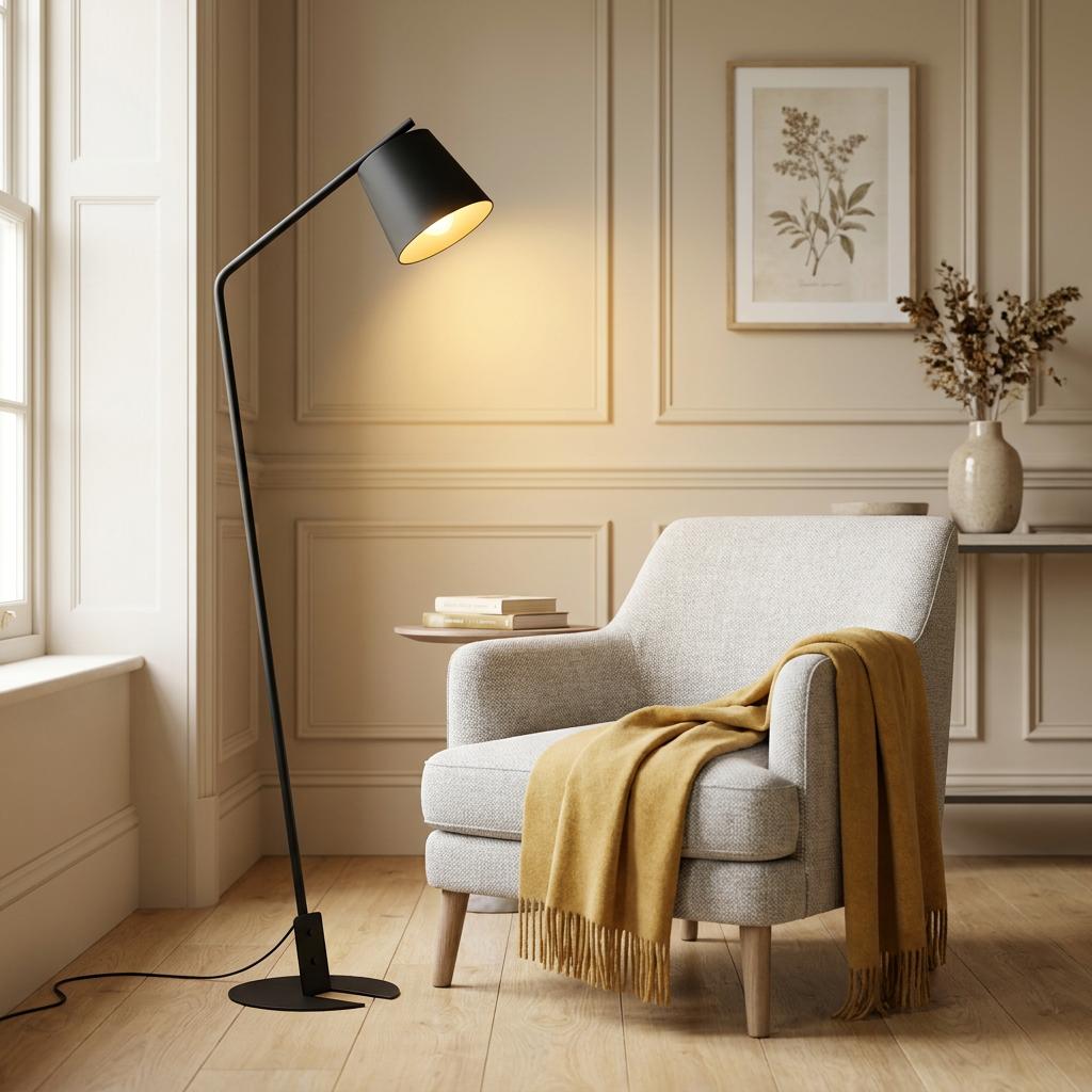 Eglo Oneda black metal floor lamp casting warm light over a grey armchair in a cozy, neutral living room.