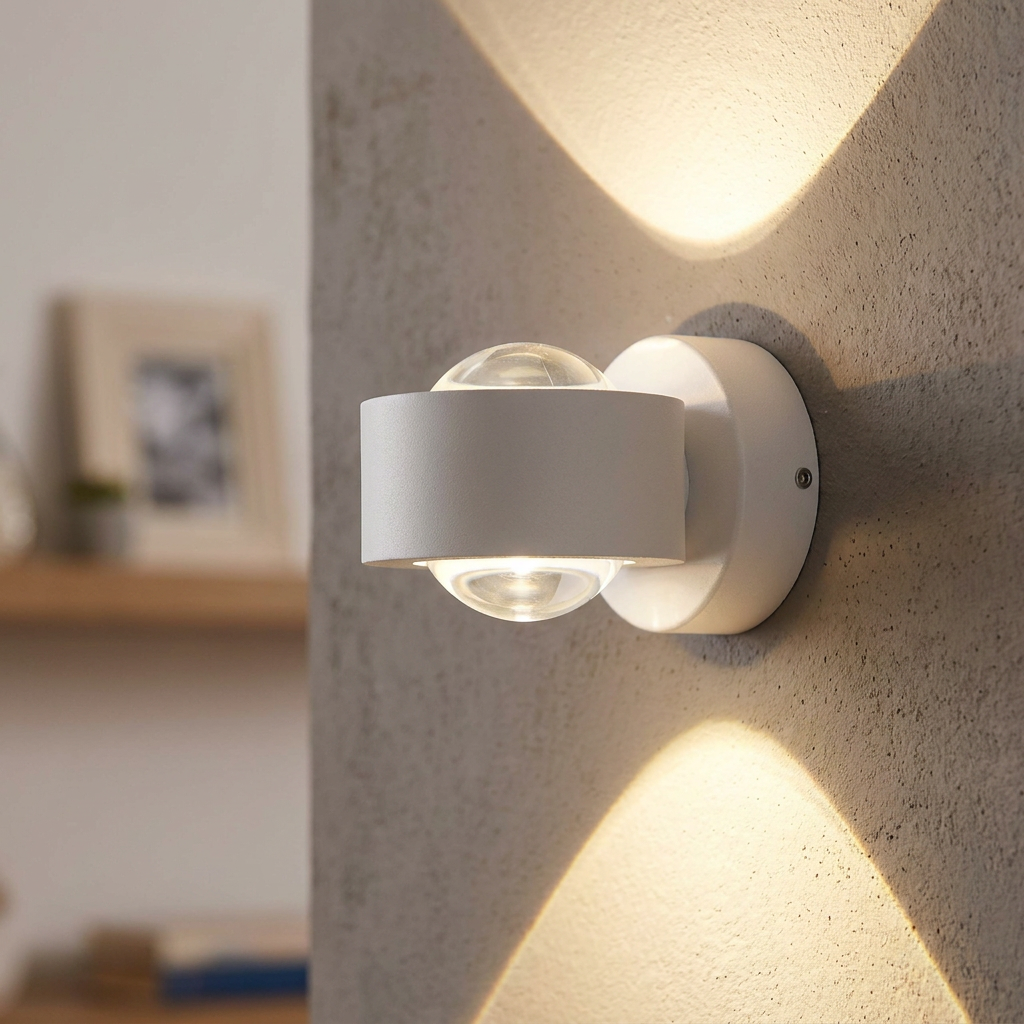 Modern white LED wall light casting warm up and down light beams on a textured grey wall.