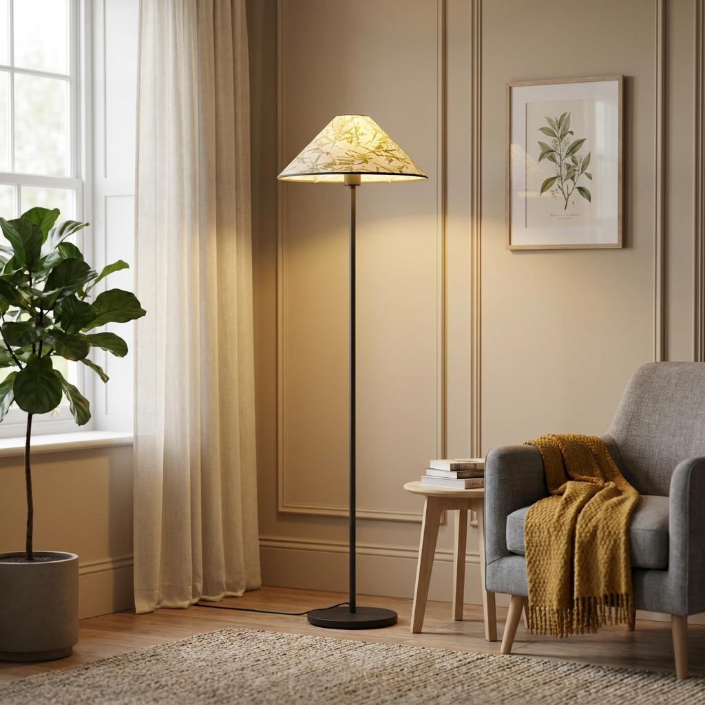 Black floor lamp with a bamboo leaf patterned shade in a cozy living room next to a grey armchair.