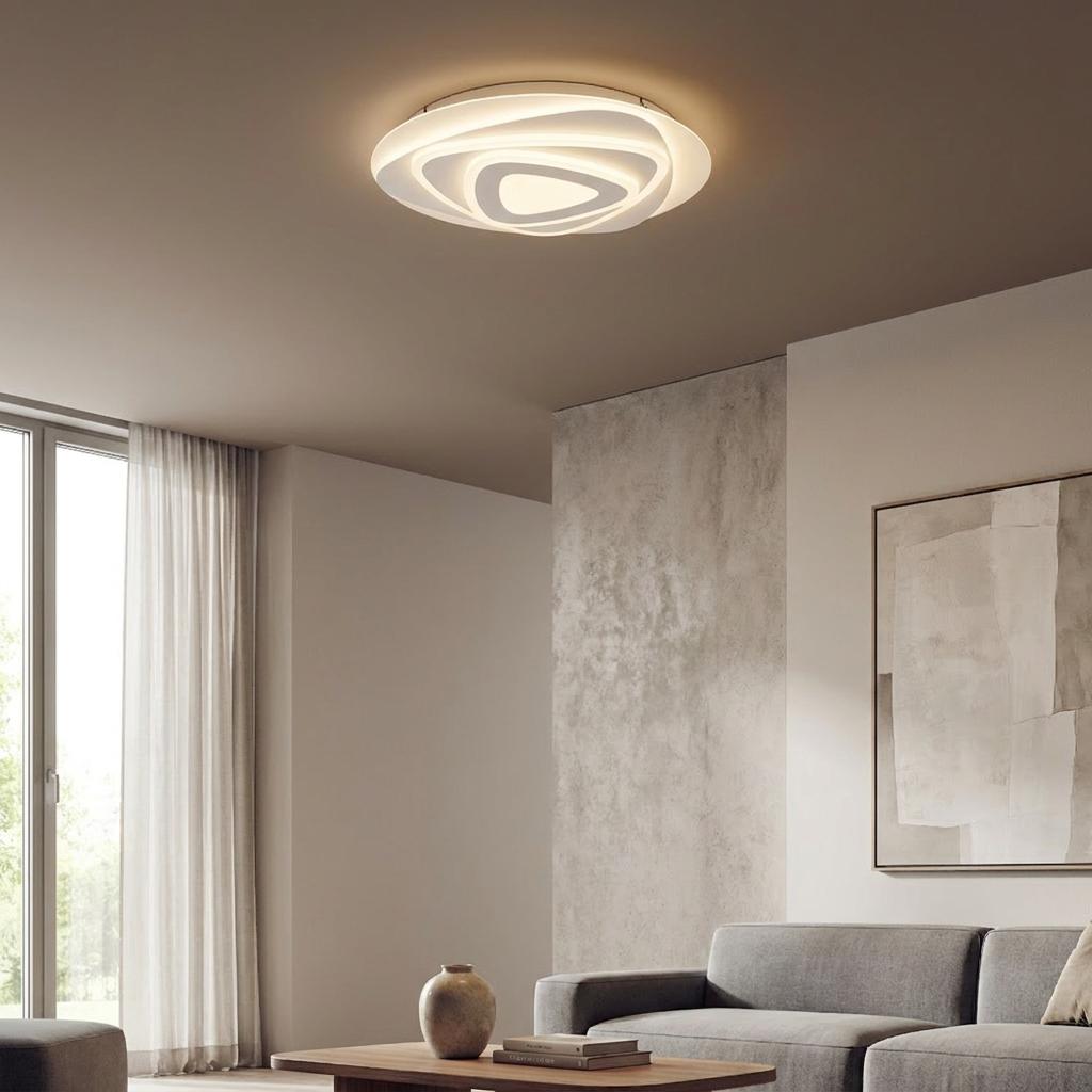 Eglo Palagiano round LED satin finish ceiling flush light with concentric waves in a modern living room.