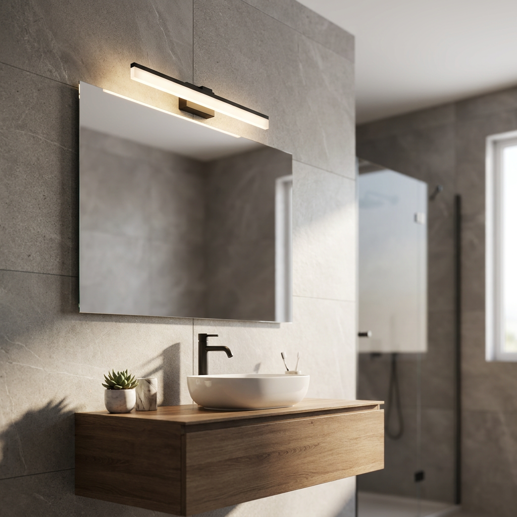 Modern black LED bar wall light illuminating a bathroom mirror above a wooden vanity with a white vessel sink.