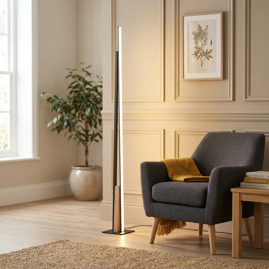 Slim black and wood LED floor lamp standing next to a grey armchair in a living room.