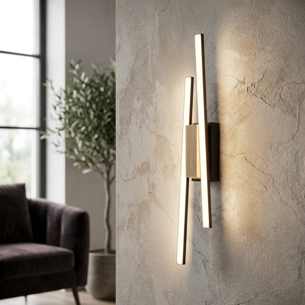 Modern Eglo Panagria LED wall light with vertical glowing bars and wood detail on a textured plaster wall.