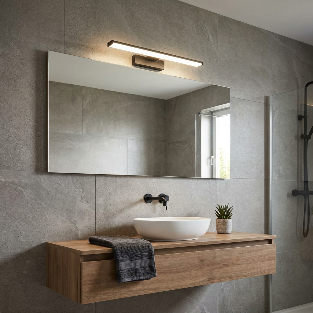 Black LED wall light mounted above a mirror in a modern bathroom with grey stone tiles and a wooden vanity.