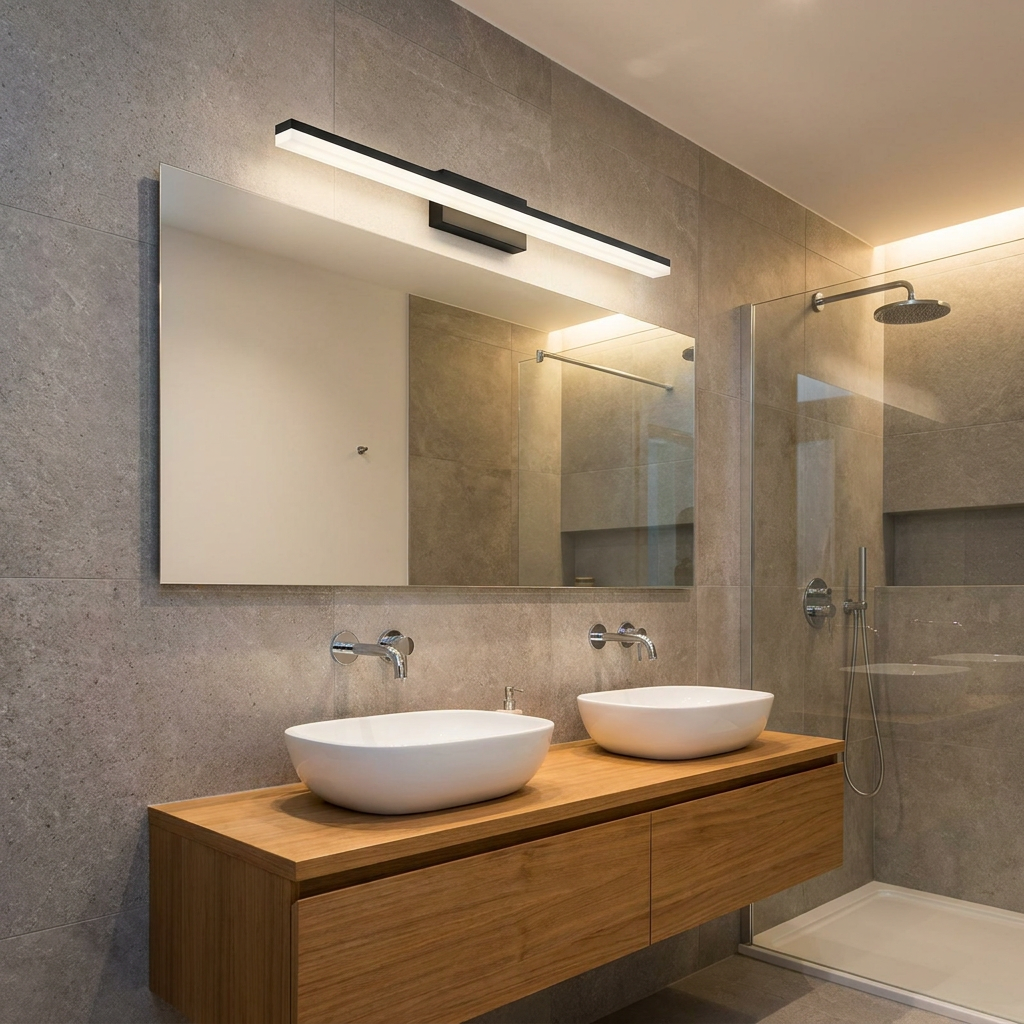 Modern black LED wall light mounted above a large mirror in a grey tiled bathroom with a wooden double vanity.