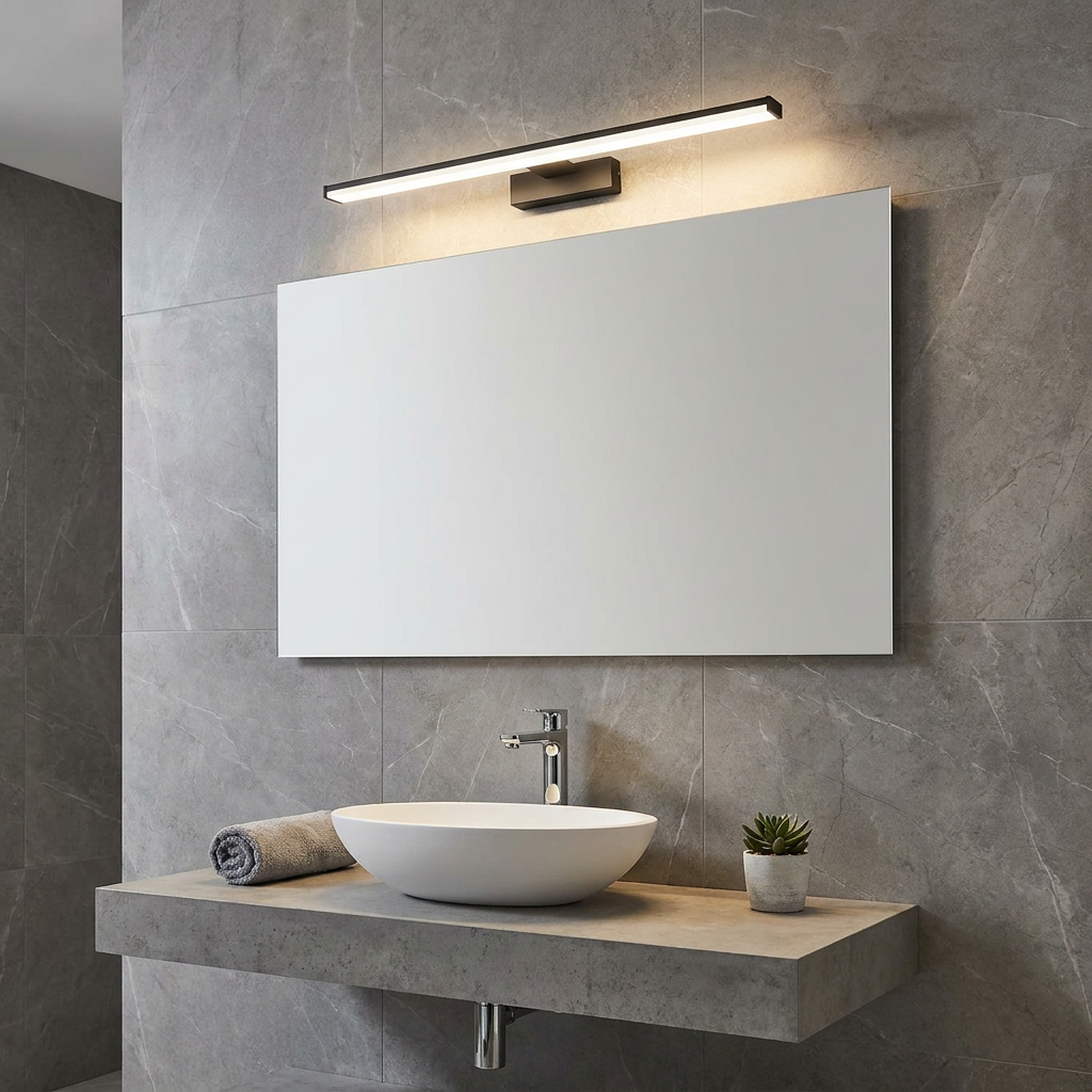 Sleek black linear LED wall light mounted above a rectangular mirror in a modern grey stone-tiled bathroom.