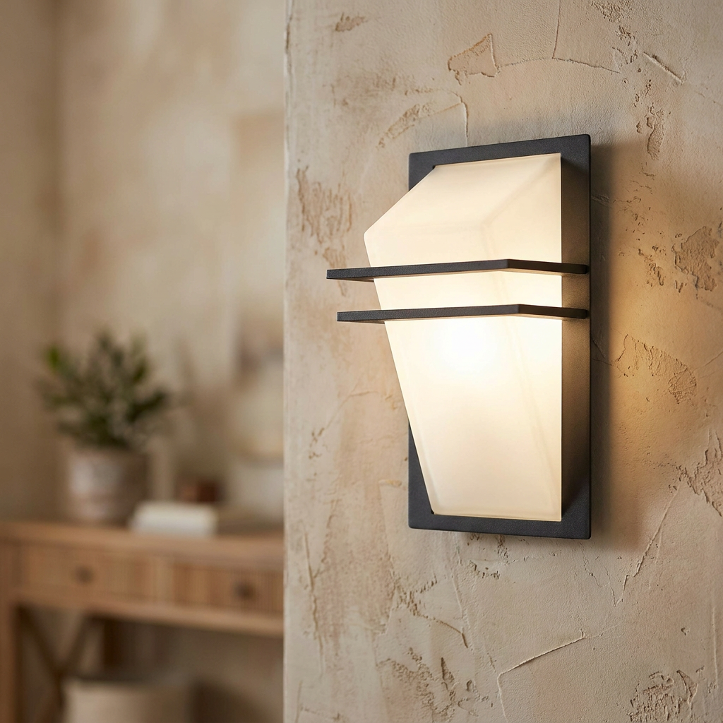 Modern grey wall light with a geometric white satin glass diffuser glowing on a textured beige wall.