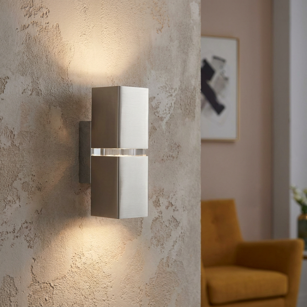Modern brushed nickel wall light with up and down lighting on a textured interior wall.