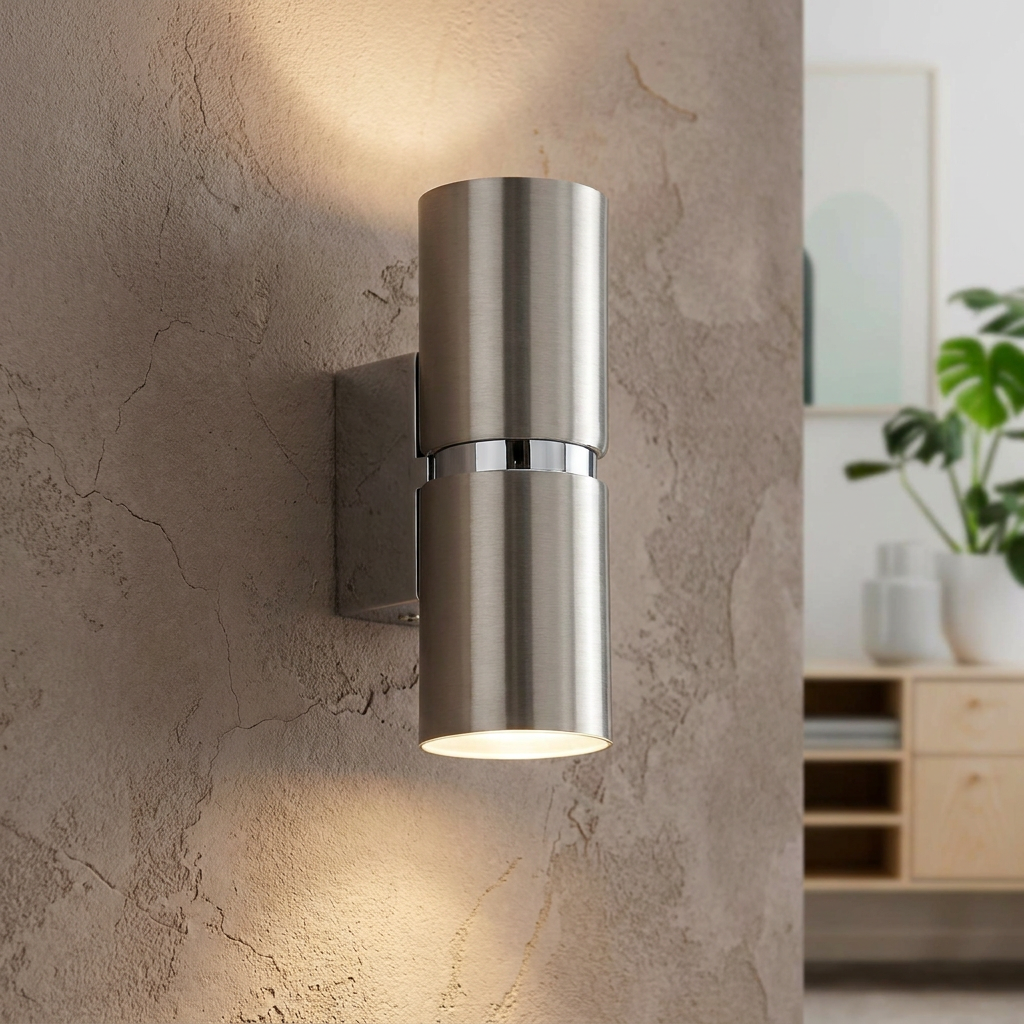 Cylindrical brushed nickel up and down wall light with a chrome accent band mounted on a textured interior wall.
