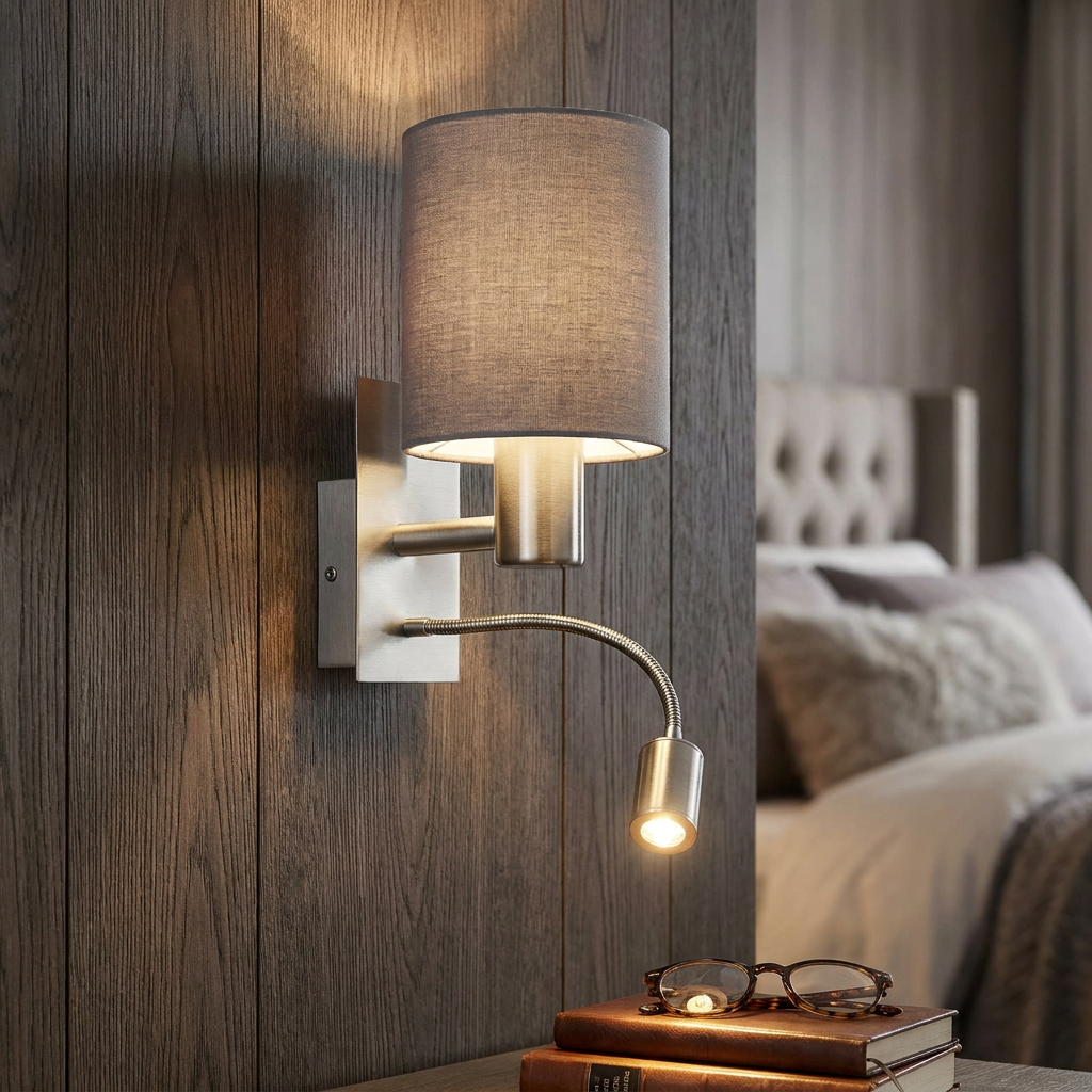 Eglo Pasteri wall light with a brown fabric shade and flexible reading light mounted on a wood-paneled bedroom wall.