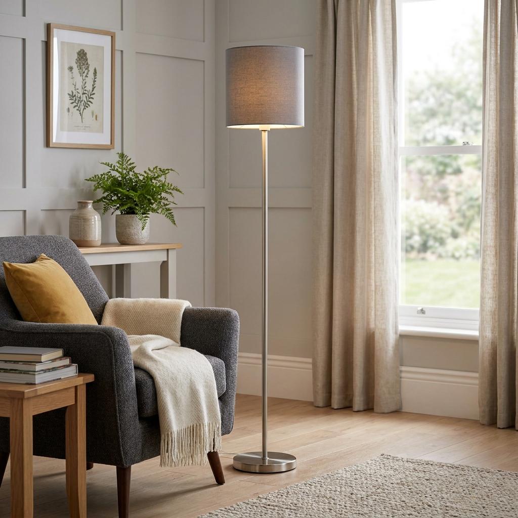 Eglo Pasteri nickel floor lamp with a grey fabric shade standing in a modern living room next to a grey armchair.