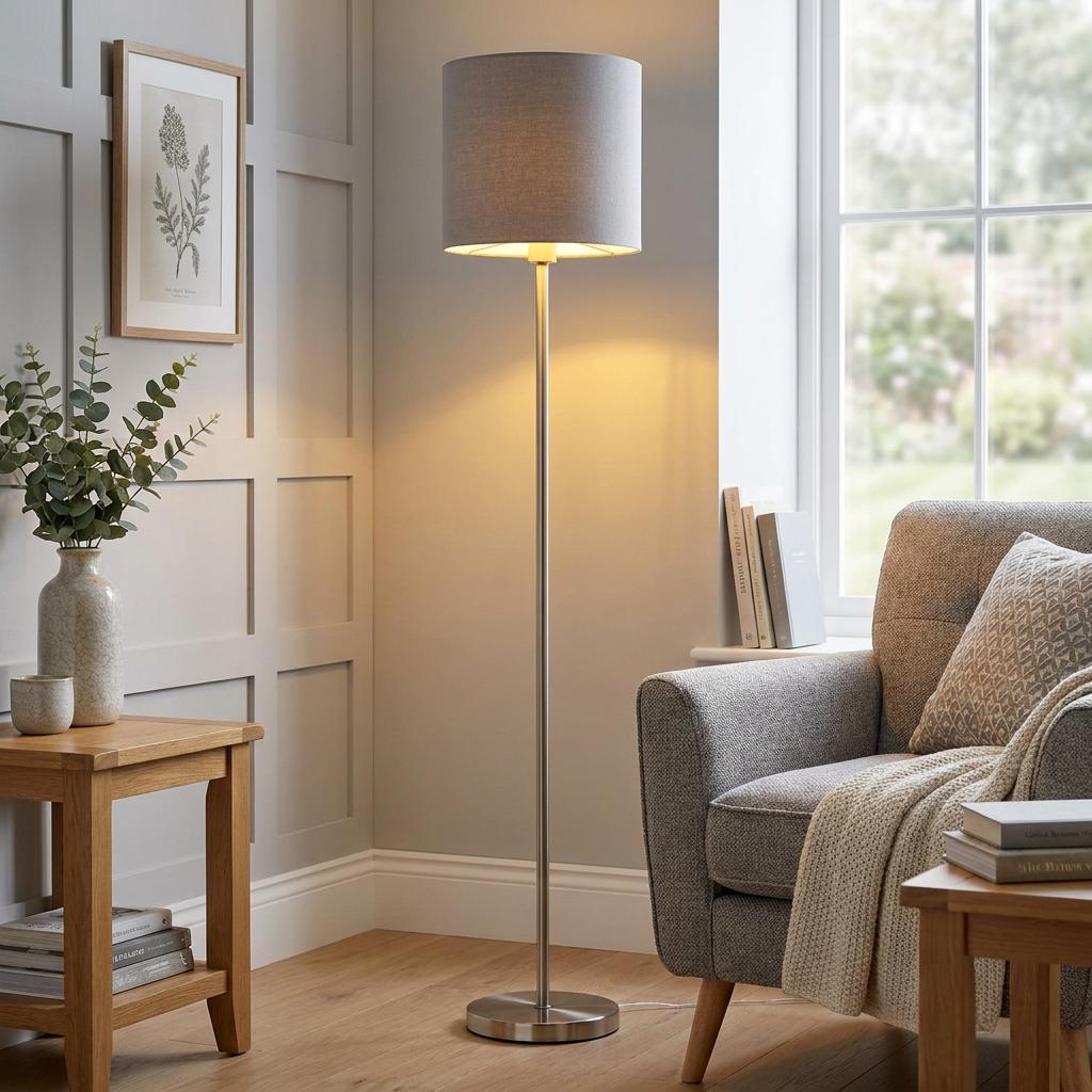 Eglo Pasteri nickel floor lamp with a taupe fabric shade in a cozy living room setting next to a grey armchair.