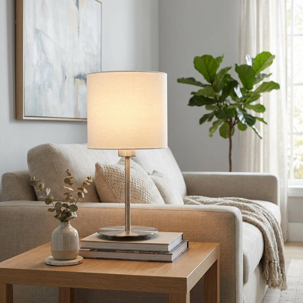 Illuminated nickel table lamp with a white drum shade on a wooden side table in a modern living room.