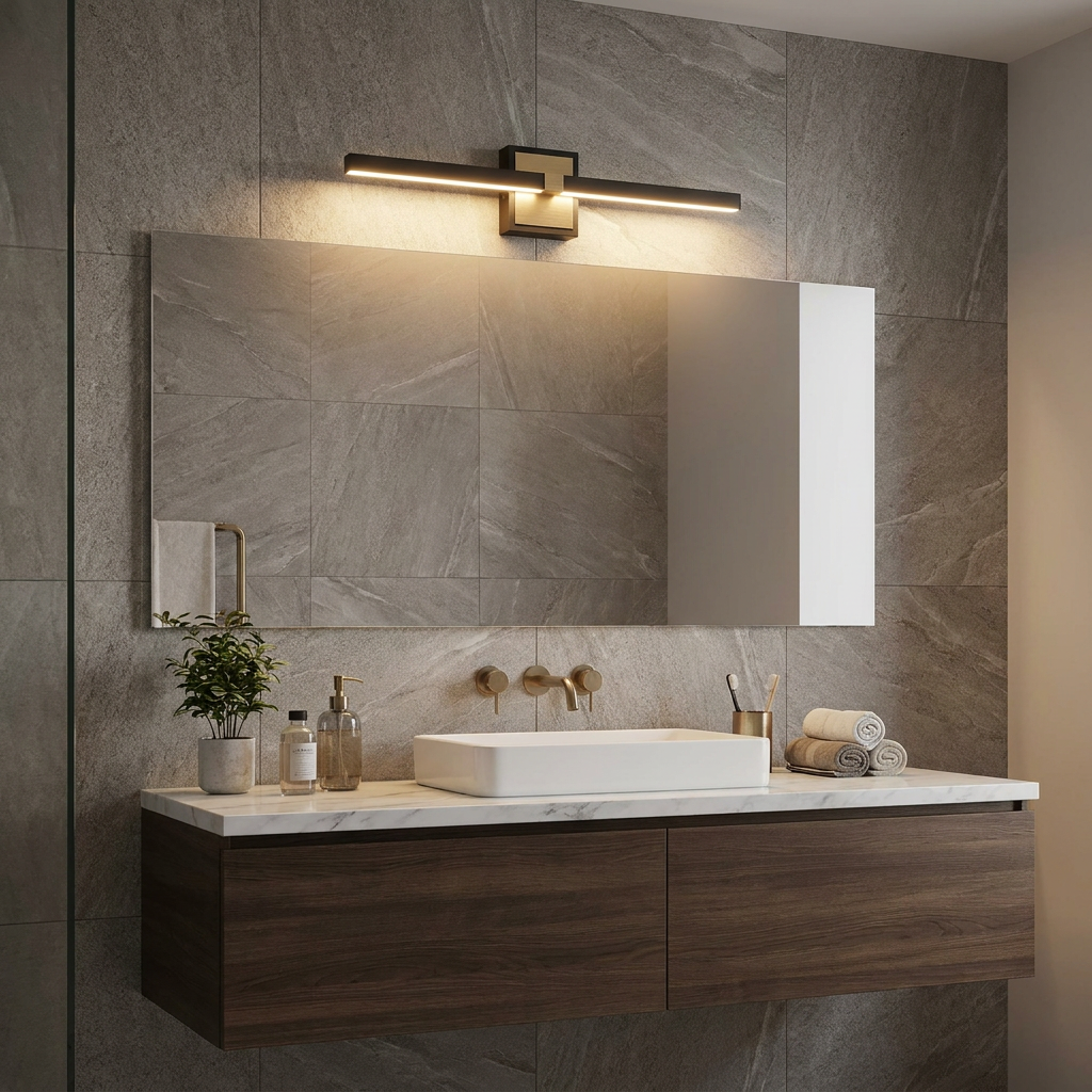 Modern black and brass LED wall light mounted above a large mirror in a contemporary grey-tiled bathroom.