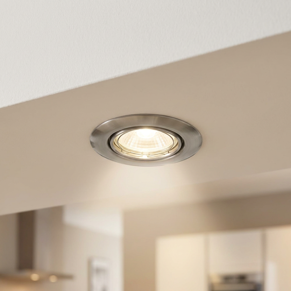 Round satin nickel recessed downlight illuminated and mounted on a white ceiling.