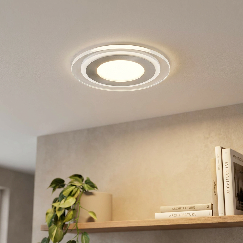 Modern circular recessed LED downlight with concentric nickel and glass rings installed on a white ceiling.