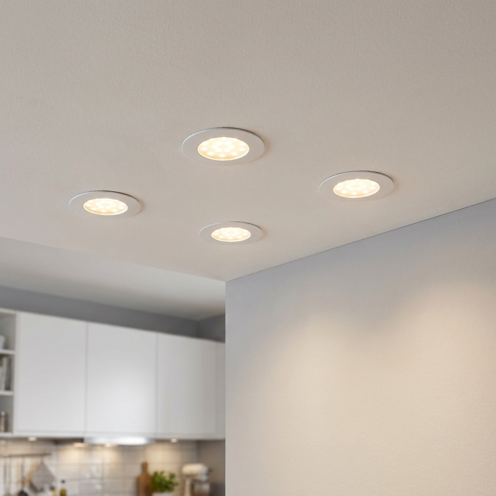 Four circular white recessed LED downlights installed in a kitchen ceiling, emitting warm light.