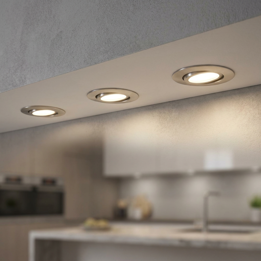 Three circular nickel recessed LED downlights providing warm white illumination in a modern kitchen setting.