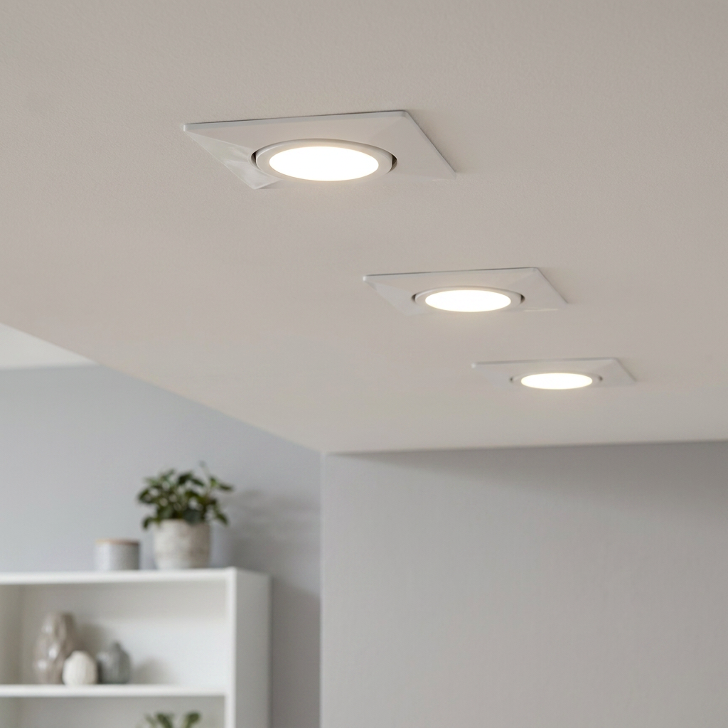 Three white square recessed LED downlights glowing on a white ceiling in a modern interior.