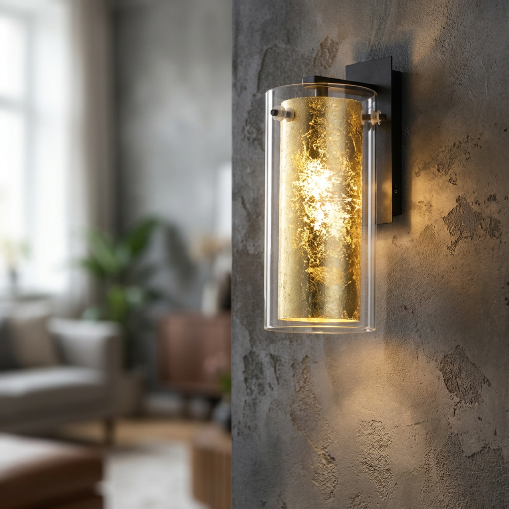 Eglo Pinto wall light with a gold leaf inner shade and clear glass outer cylinder on a textured grey wall.