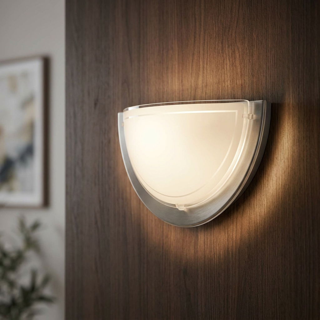 Eglo Planet 1 chrome and frosted glass wall light illuminated on a dark wood surface.