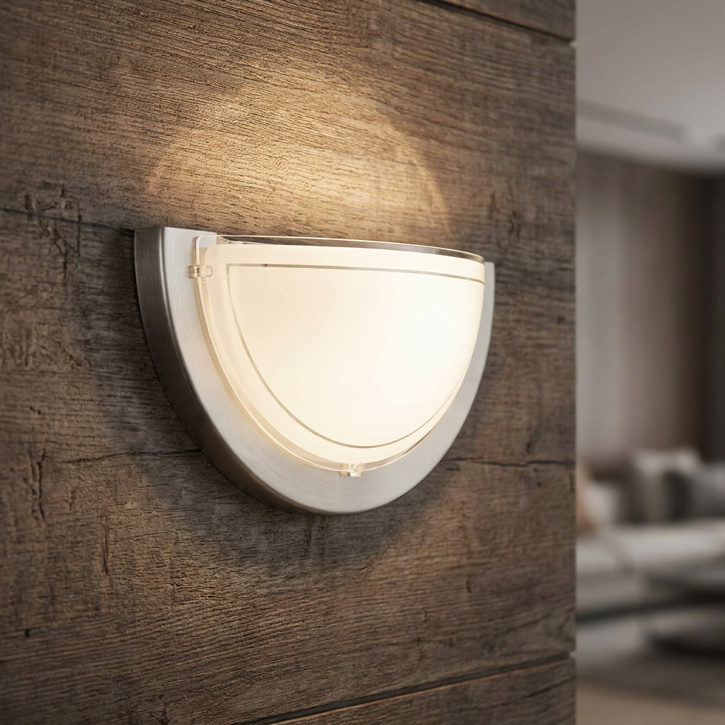 Semi-circular nickel and frosted glass wall light glowing on a dark rustic wood surface.