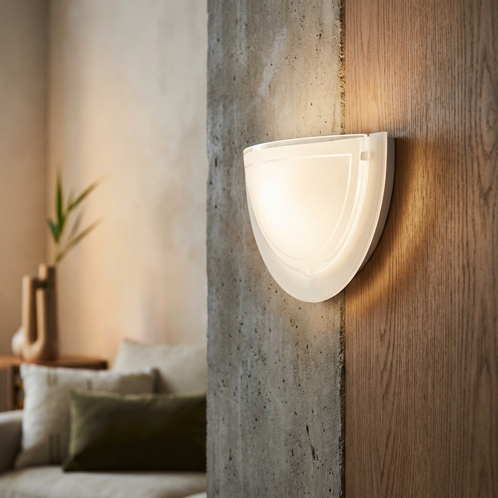 Eglo Planet 1 wall light with white frosted glass shade, glowing warmly on a wooden and concrete wall.