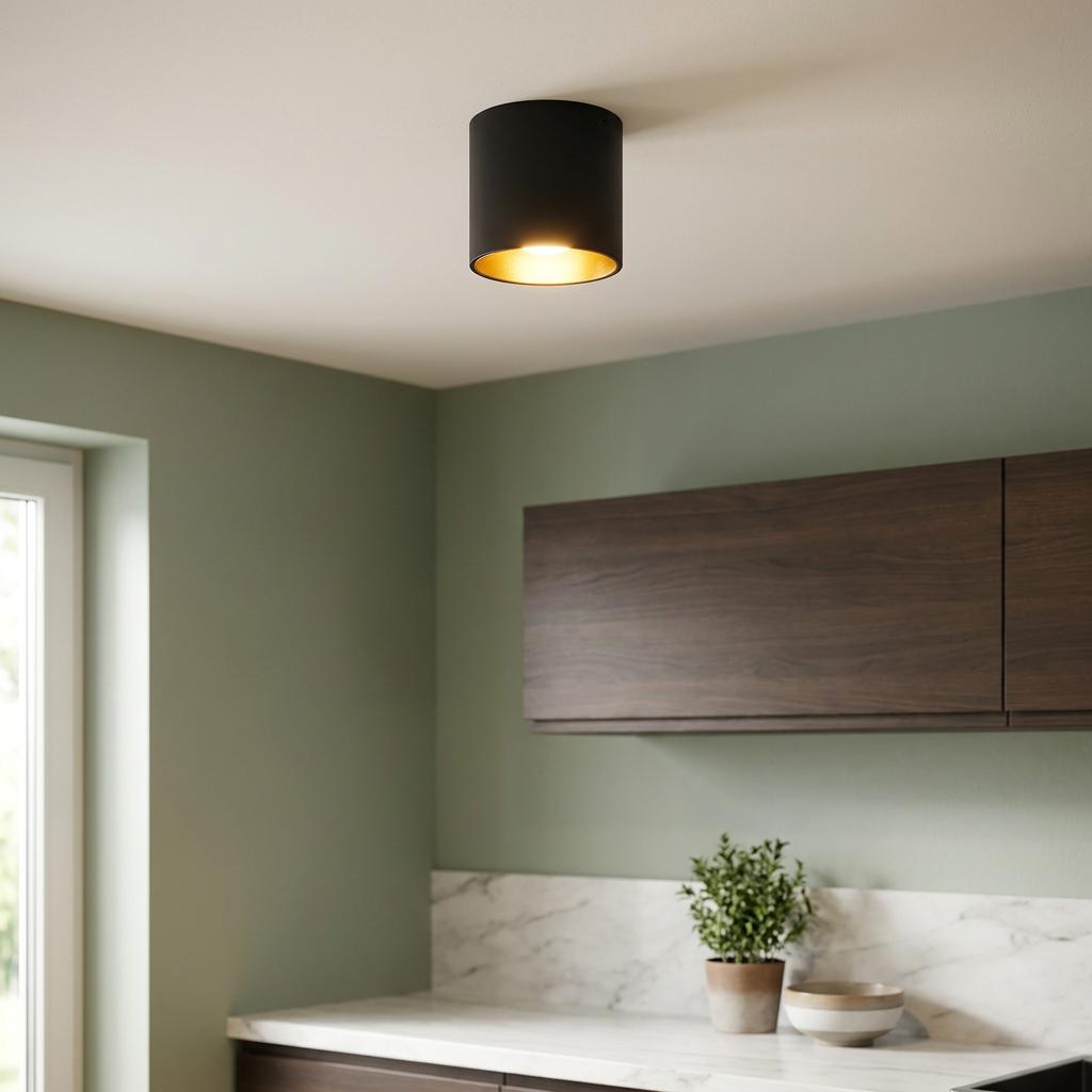 Black and gold cylindrical flush ceiling light illuminating a modern kitchen with green walls and wood cabinetry.