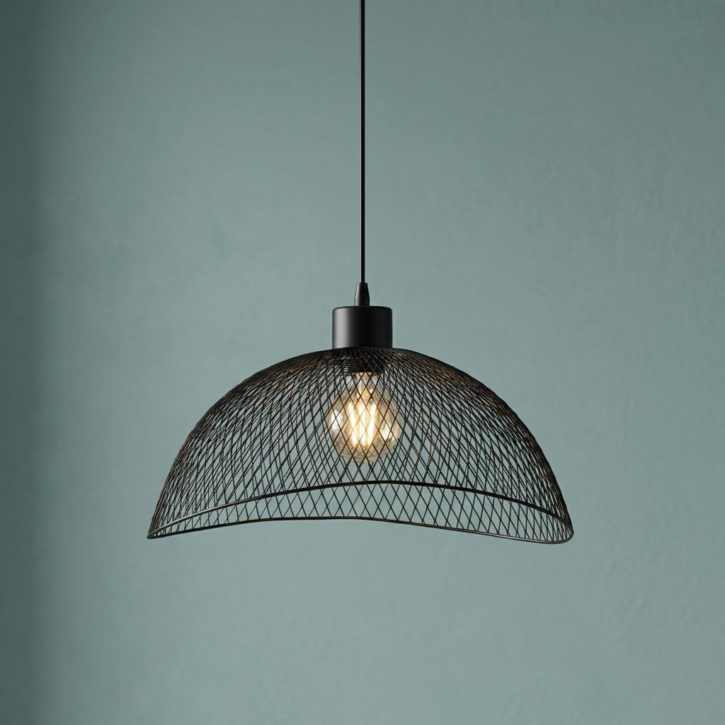Black metal mesh dome pendant light with a lit decorative bulb against a teal wall.