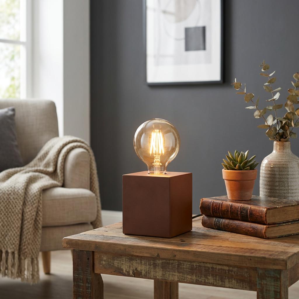 Rust brown cube table lamp with a glowing globe bulb on a rustic wooden table in a cozy living room.