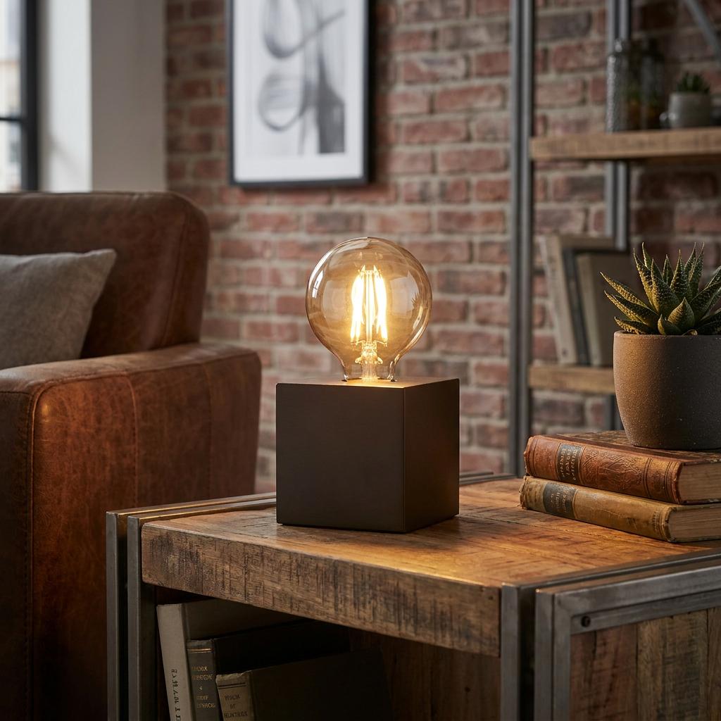 Eglo Prestwick 2 bronze cube table lamp with a glowing filament bulb on a wooden table in an industrial living room.