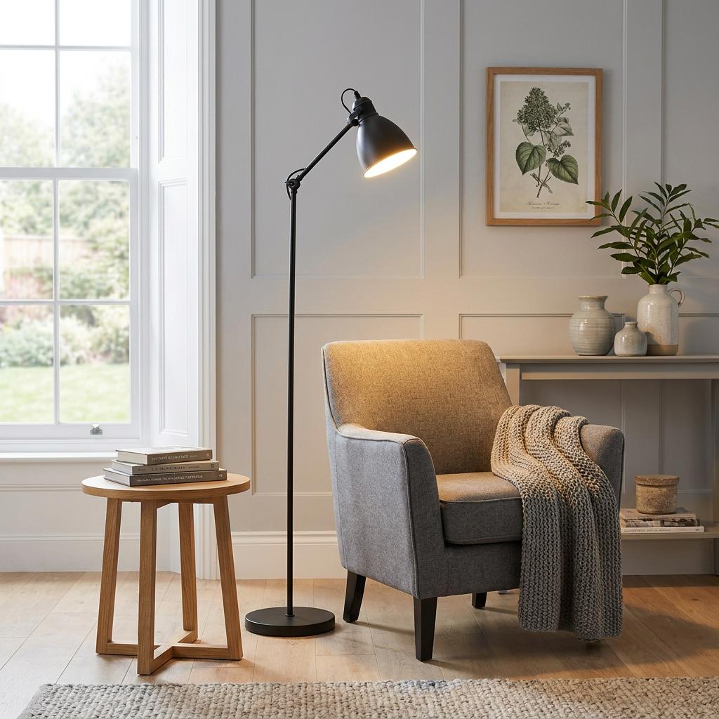 Black metal adjustable floor lamp casting a warm light over a grey armchair in a cozy living room.