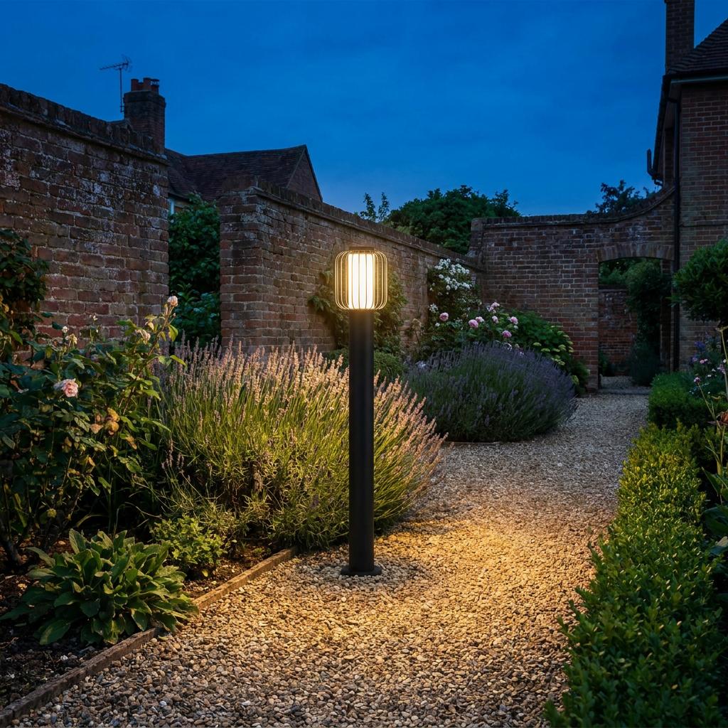 Black Eglo Ravello bollard light with a wire cage shade glowing on a gravel path in a lush walled garden at dusk.