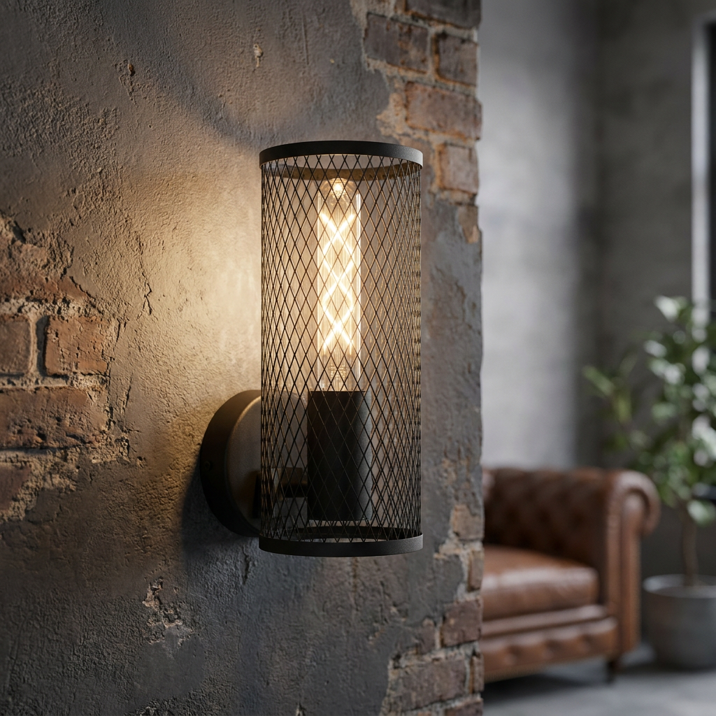 Industrial black mesh cylinder wall lamp with a warm glowing filament bulb on a textured brick and concrete wall.