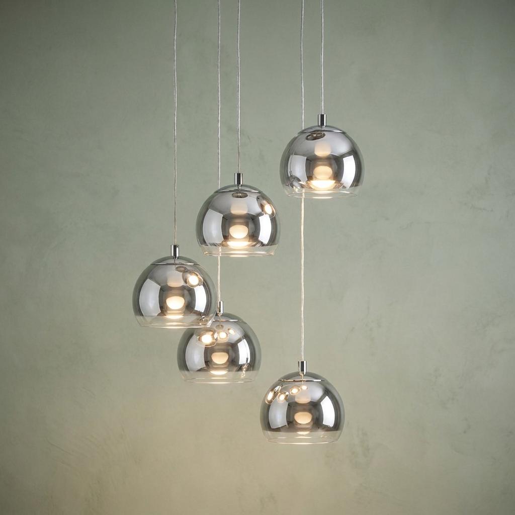 Five spherical chrome and glass pendant lights hanging at staggered heights against a pale green wall.