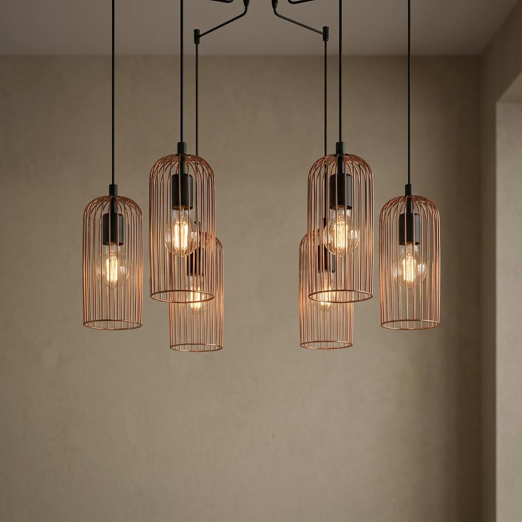 Eglo Roccamena six-light pendant featuring copper wire cages and black cables at staggered heights against a plain wall.