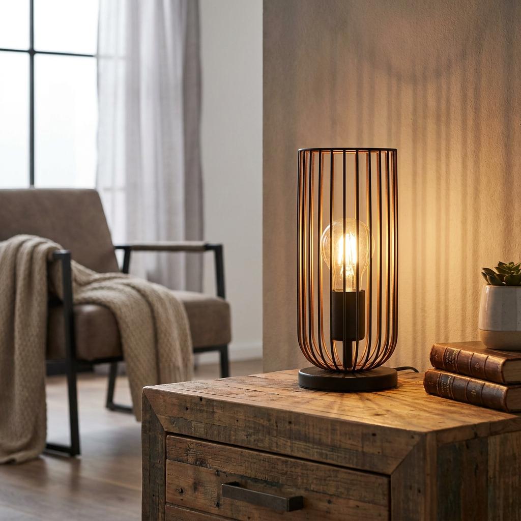 Eglo Roccamena black and copper wire cage table lamp illuminated on a rustic wooden side table.