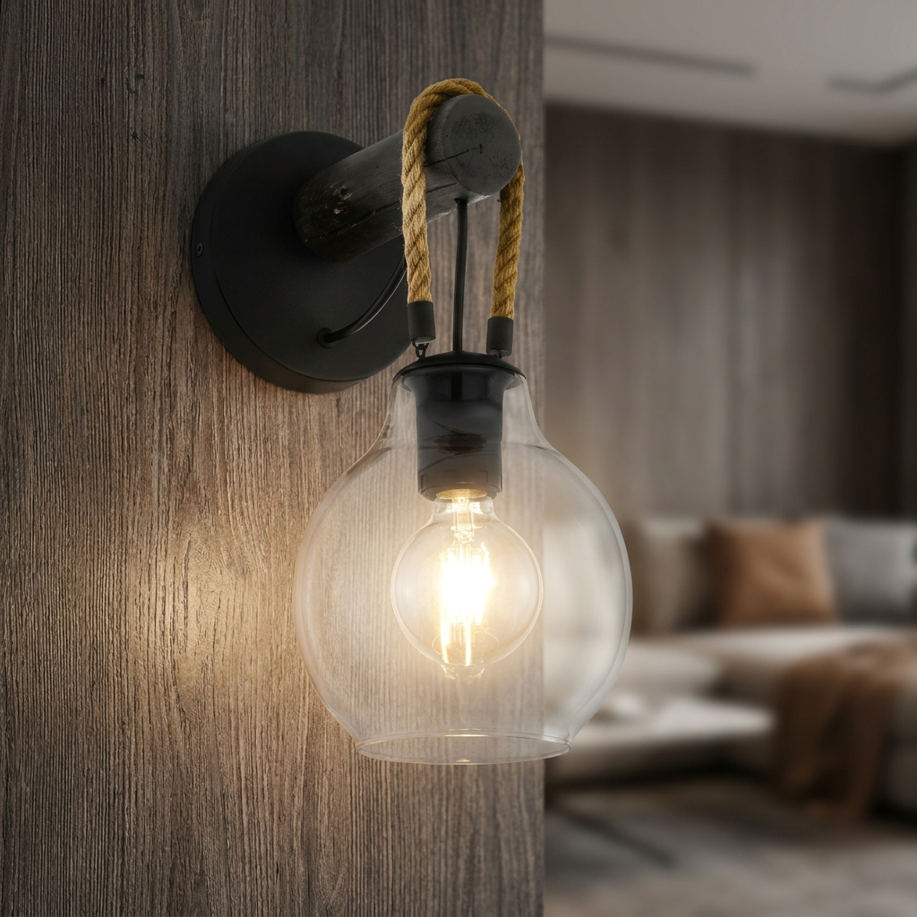 Rustic wall light with a rope-suspended clear glass shade and black fixture mounted on a wood-paneled wall.