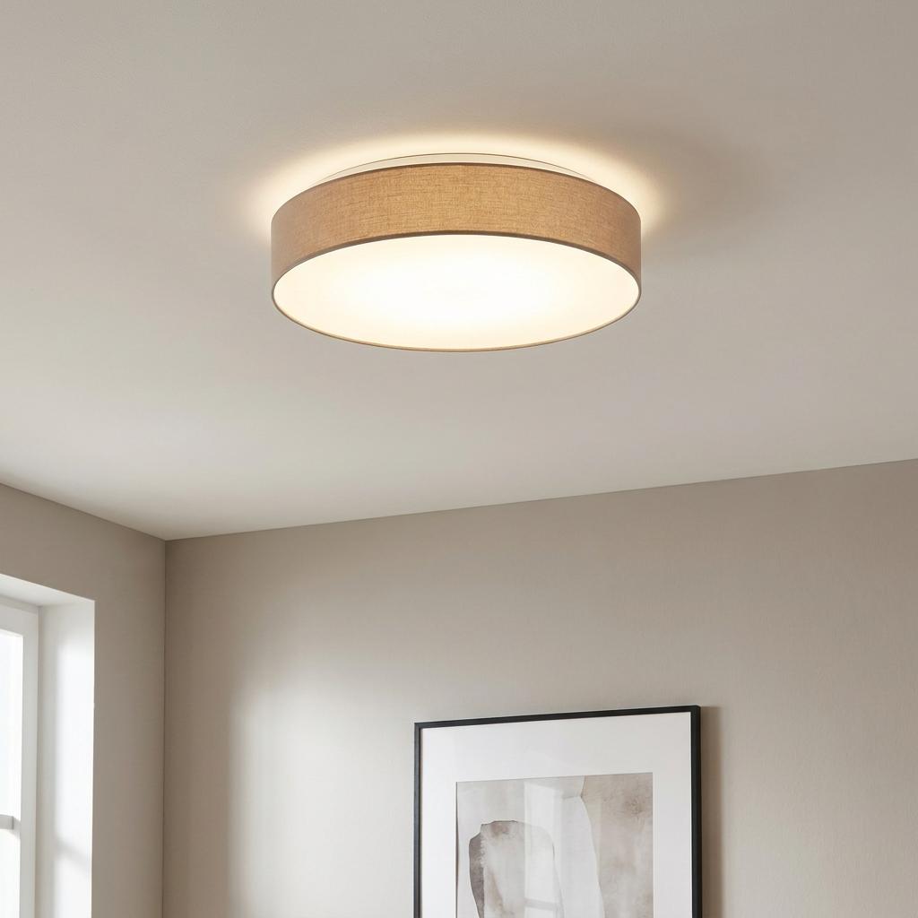 Eglo Romao 3 Flush Taupe LED Drum Shade light fixture on a neutral ceiling.
