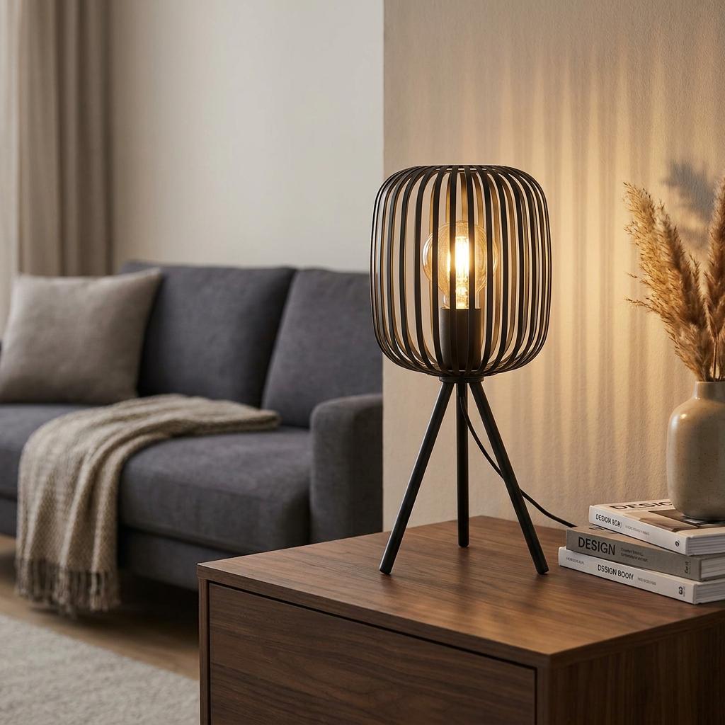 Black metal caged tripod table lamp illuminated on a wooden table in a stylish living room.