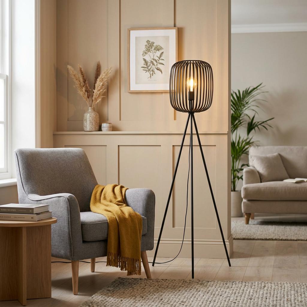 Black tripod floor lamp with a caged lampshade lit beside a grey armchair in a modern living room setting.