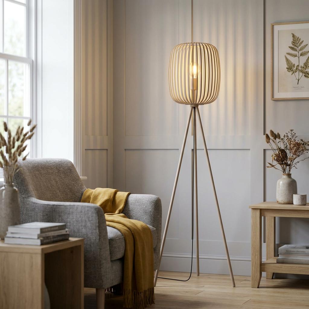 A sand-coloured tripod floor lamp with a slatted wooden cage shade stands beside a grey armchair in a living room.