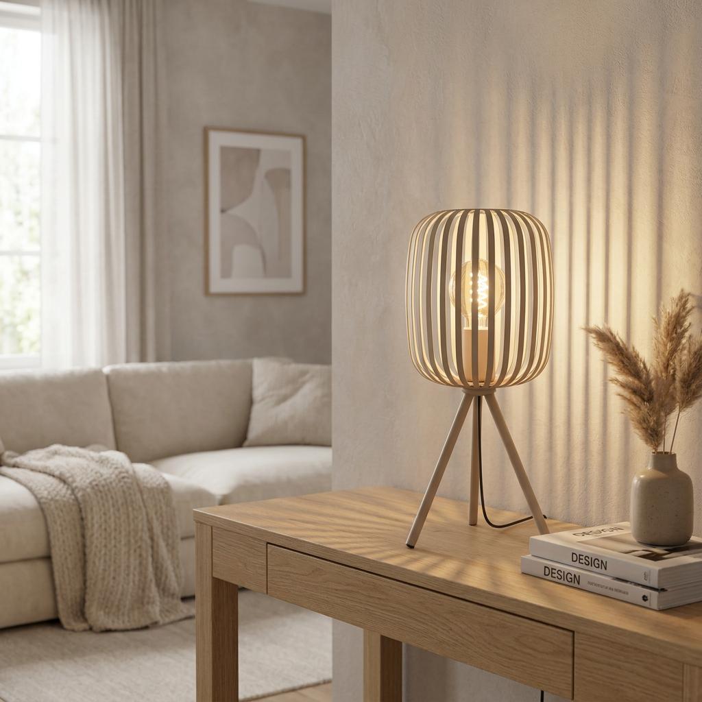 Eglo Romazzina sand metal caged tripod table lamp casting warm shadows on a console table in a neutral living room.