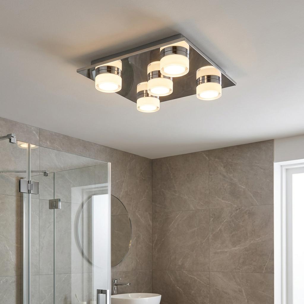 Eglo Romendo 1 five-light square LED chrome ceiling flush fixture glowing in a modern tiled bathroom.