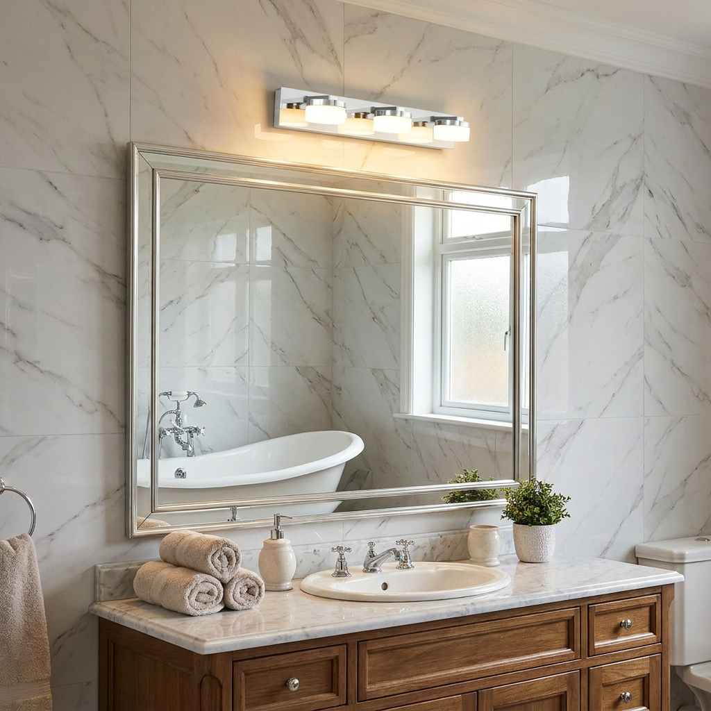 Chrome triple LED wall light mounted above a large framed mirror in a luxury marble-tiled bathroom.