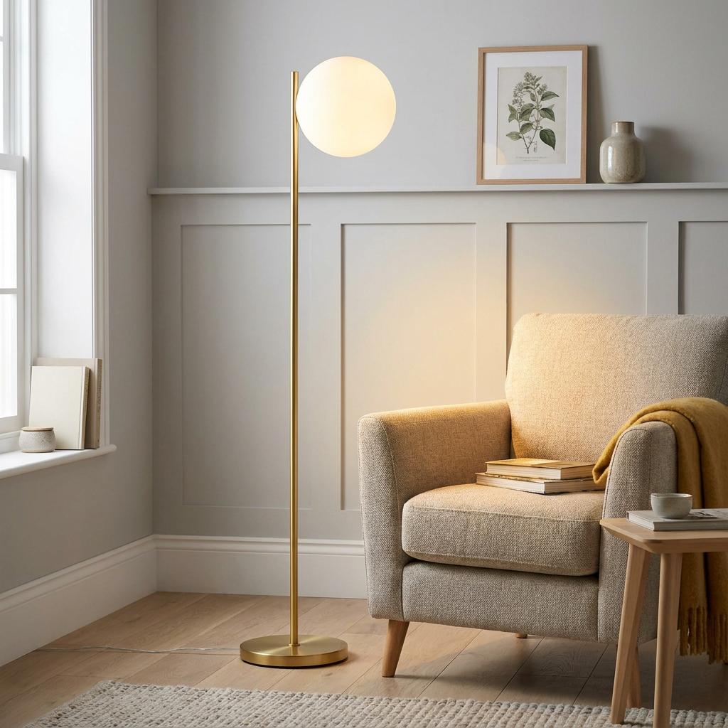 Brass floor lamp with an opal glass ball shade standing beside a beige armchair in a modern living room.