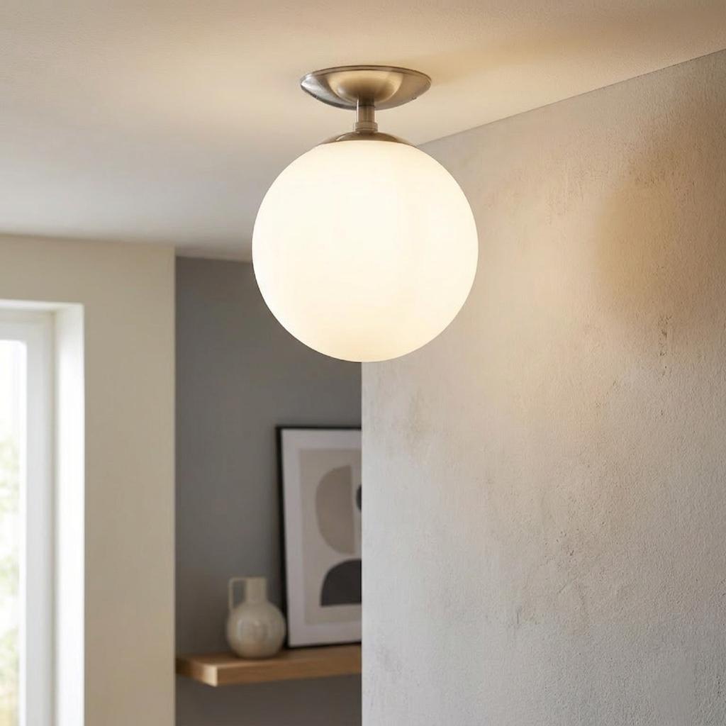 Illuminated opal glass sphere ceiling light with a brushed nickel base mounted in a contemporary room.