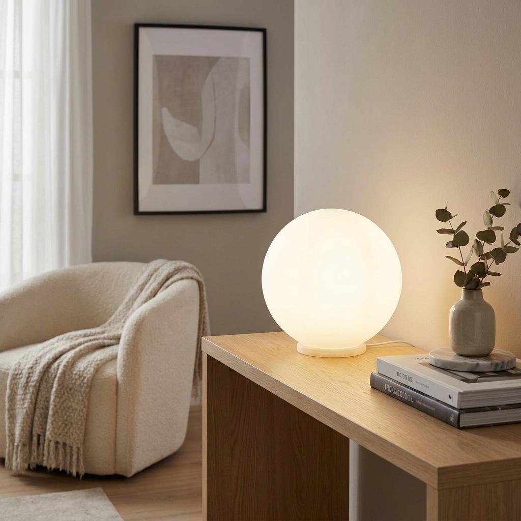 Glowing opal glass sphere table lamp on a wooden desk in a modern living room setting.