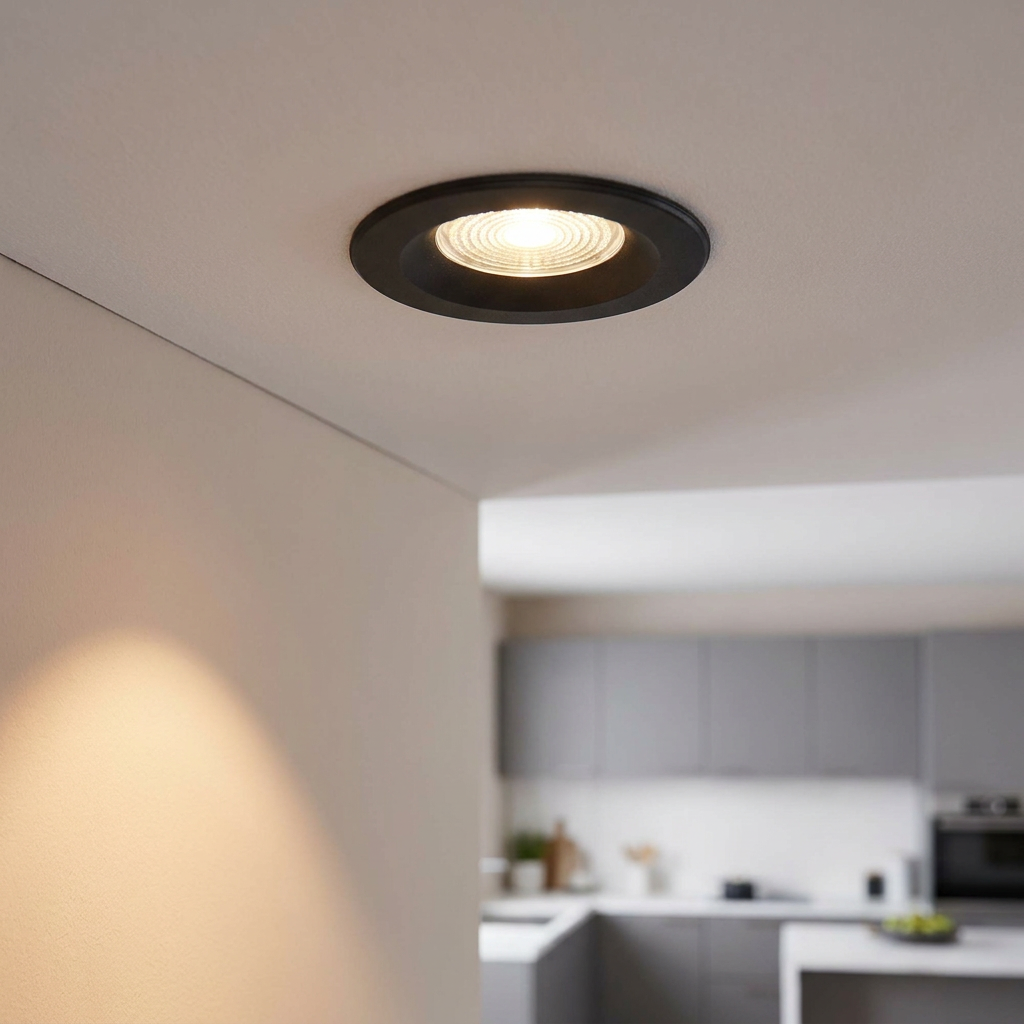 Black recessed LED ceiling light illuminating a modern kitchen with a warm white glow.