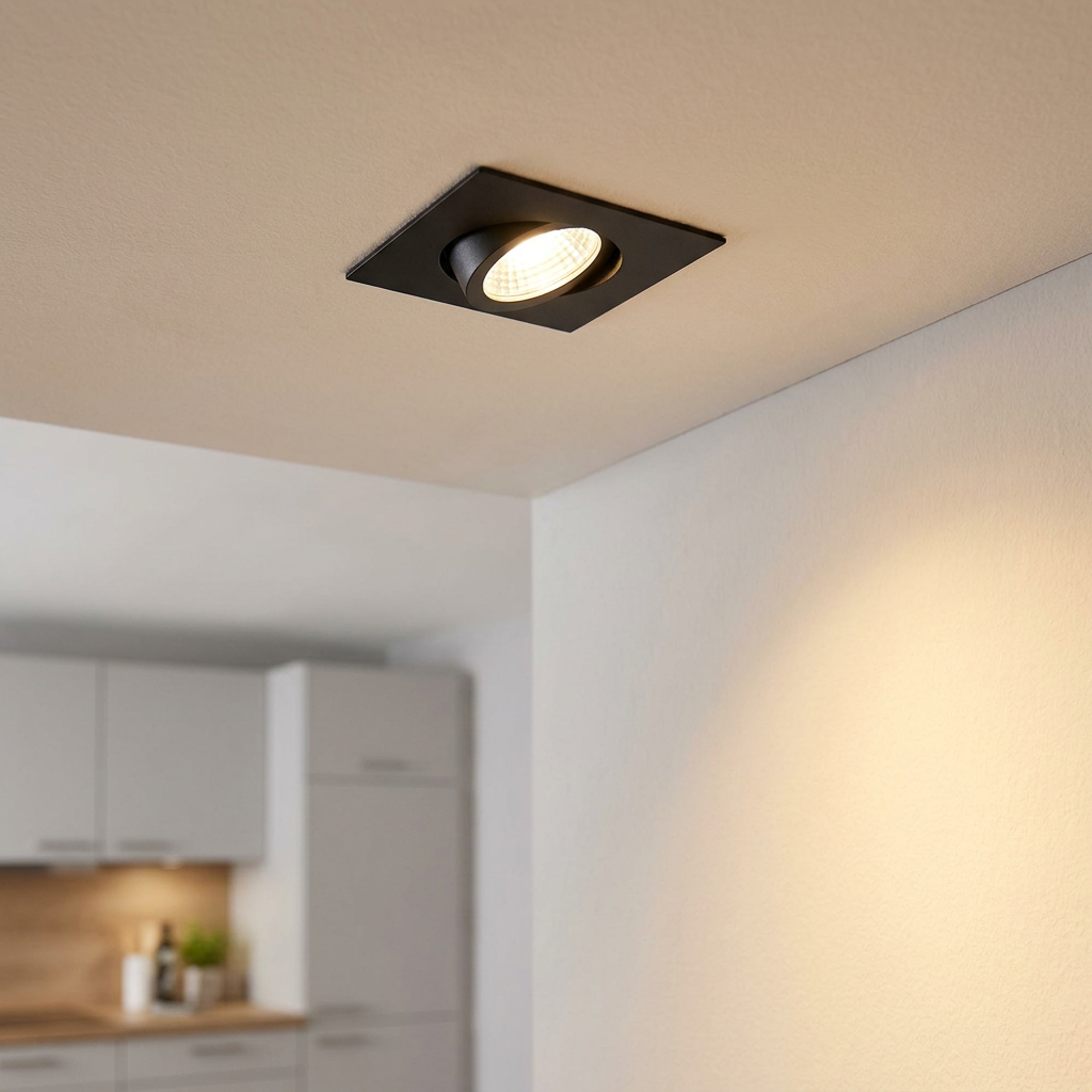 Square black recessed LED downlight on a ceiling, illuminating a white wall in a modern interior.
